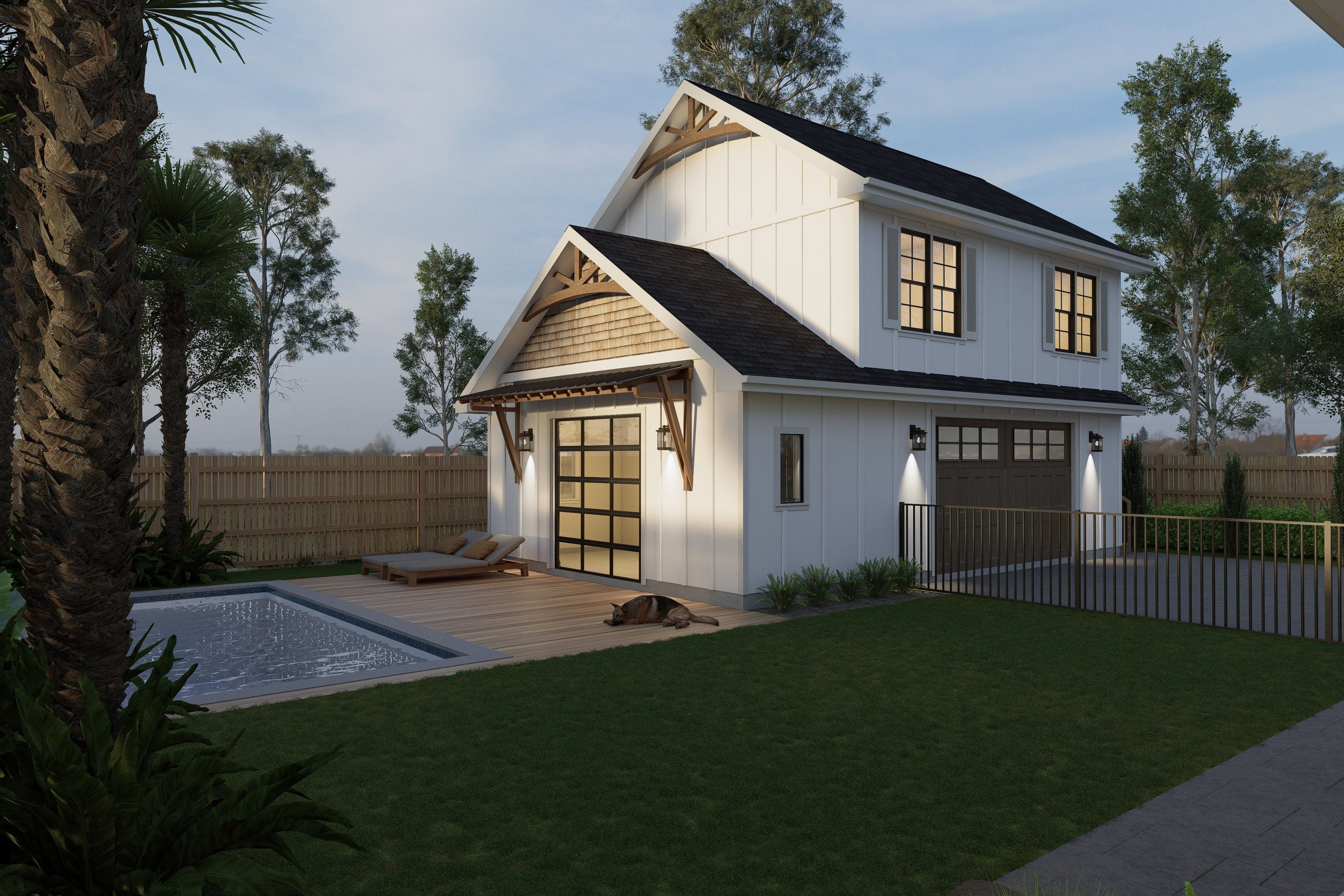 Rendering of the detached garage with apartment above and the pool at 619 Parish Road