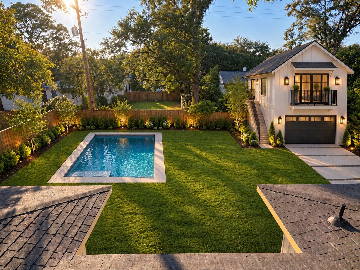 Elevated view of the backyard: lawn, rectangular pool, landscaped fence line and the detached garage with apartment above (proposed design)