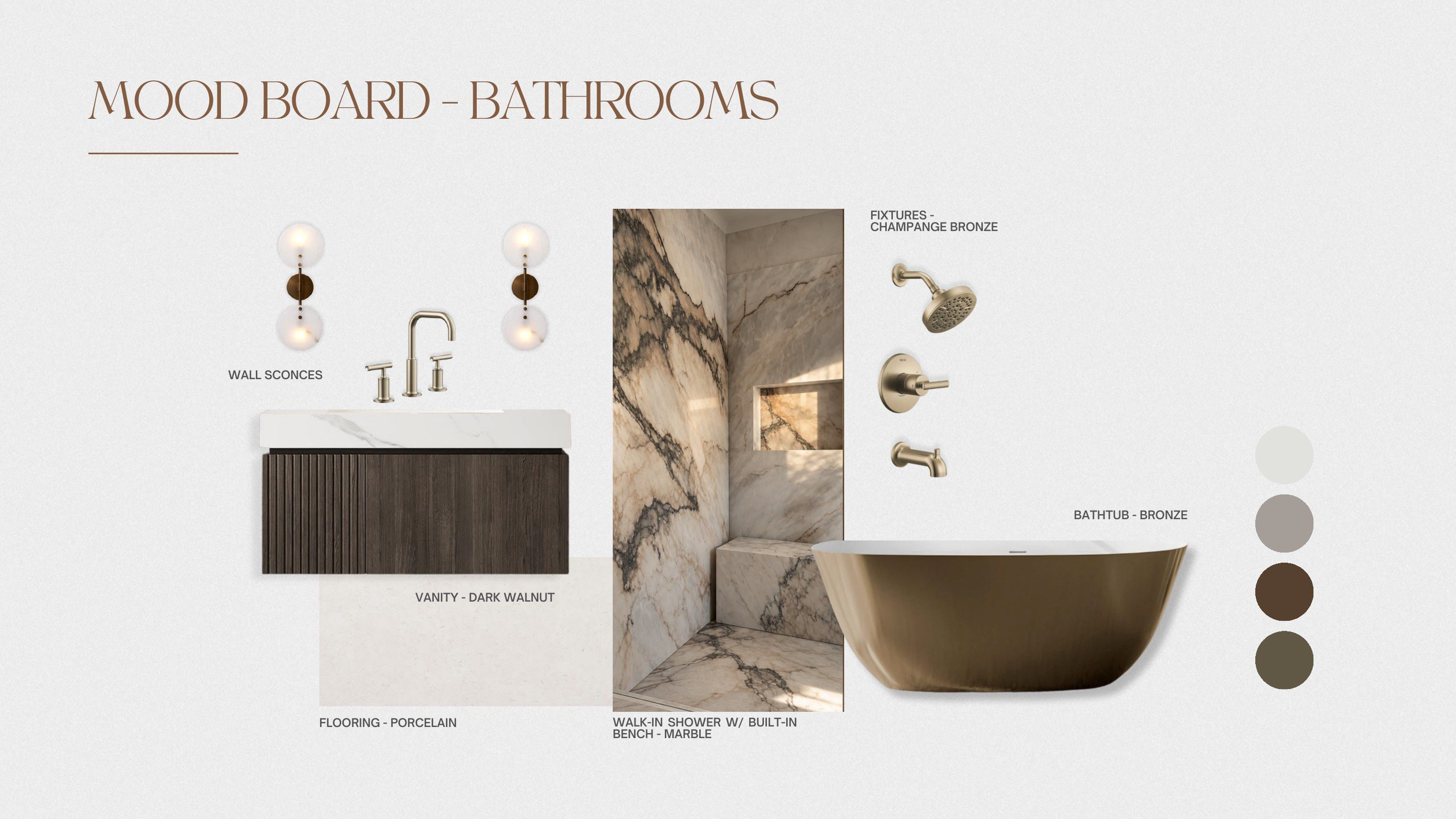 Bathroom mood board: walnut vanity, marble-look shower tile, champagne bronze fixtures and freestanding tub
