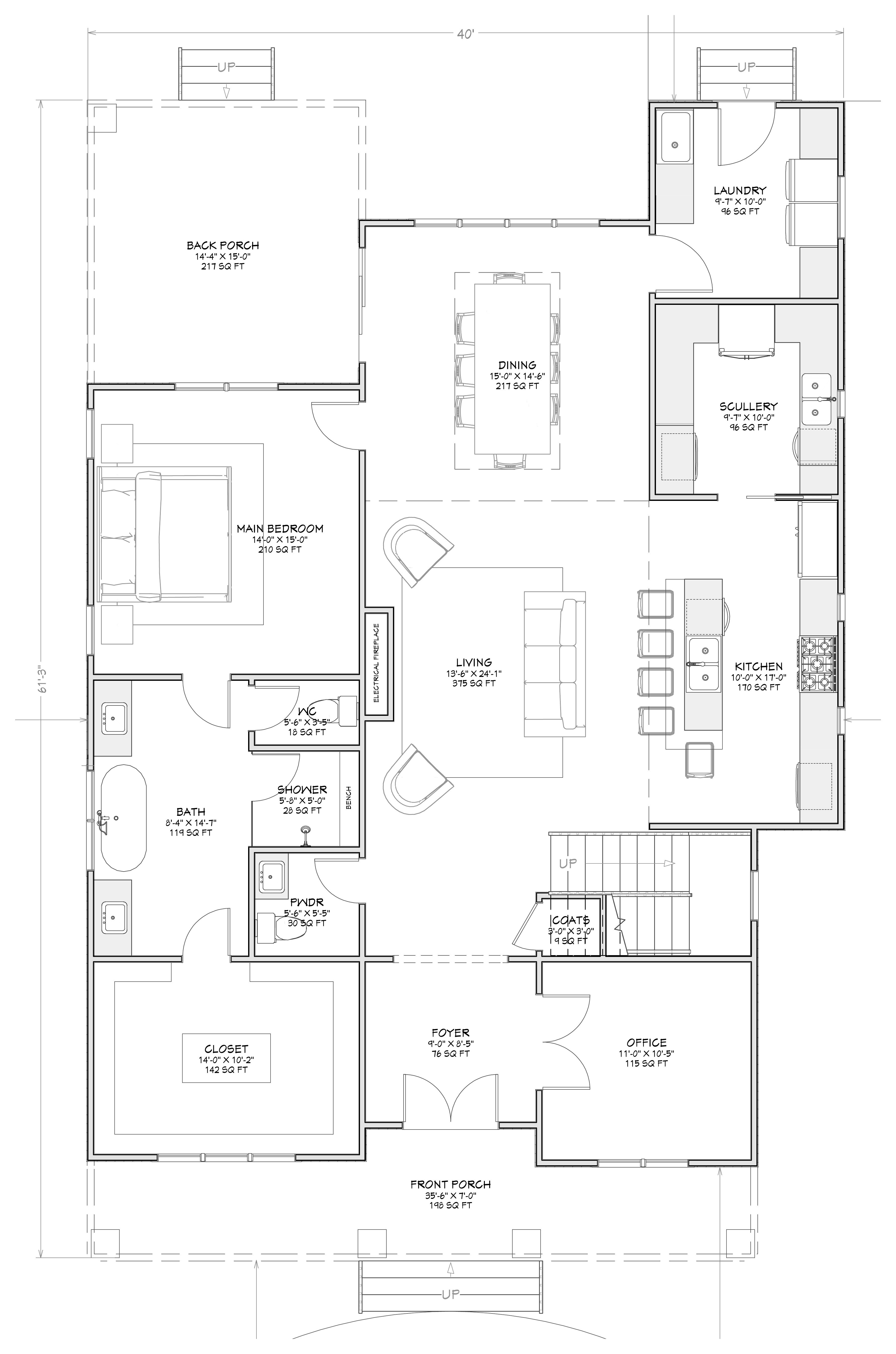 619 Parish Road main floor plan: foyer, office, living, kitchen, scullery, dining, laundry, primary suite and porches