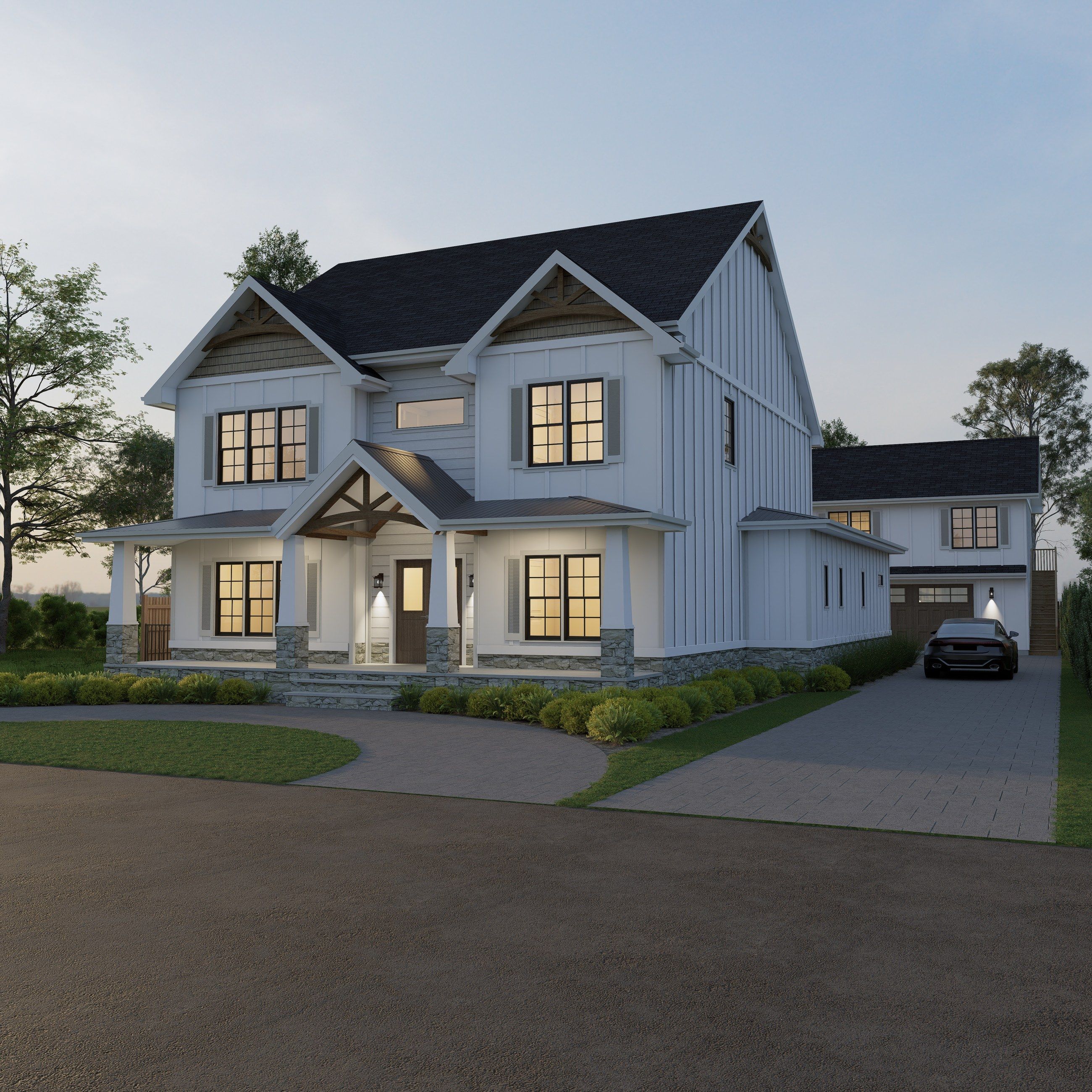 Front rendering of 619 Parish Road showing the covered porch and driveway to the detached garage