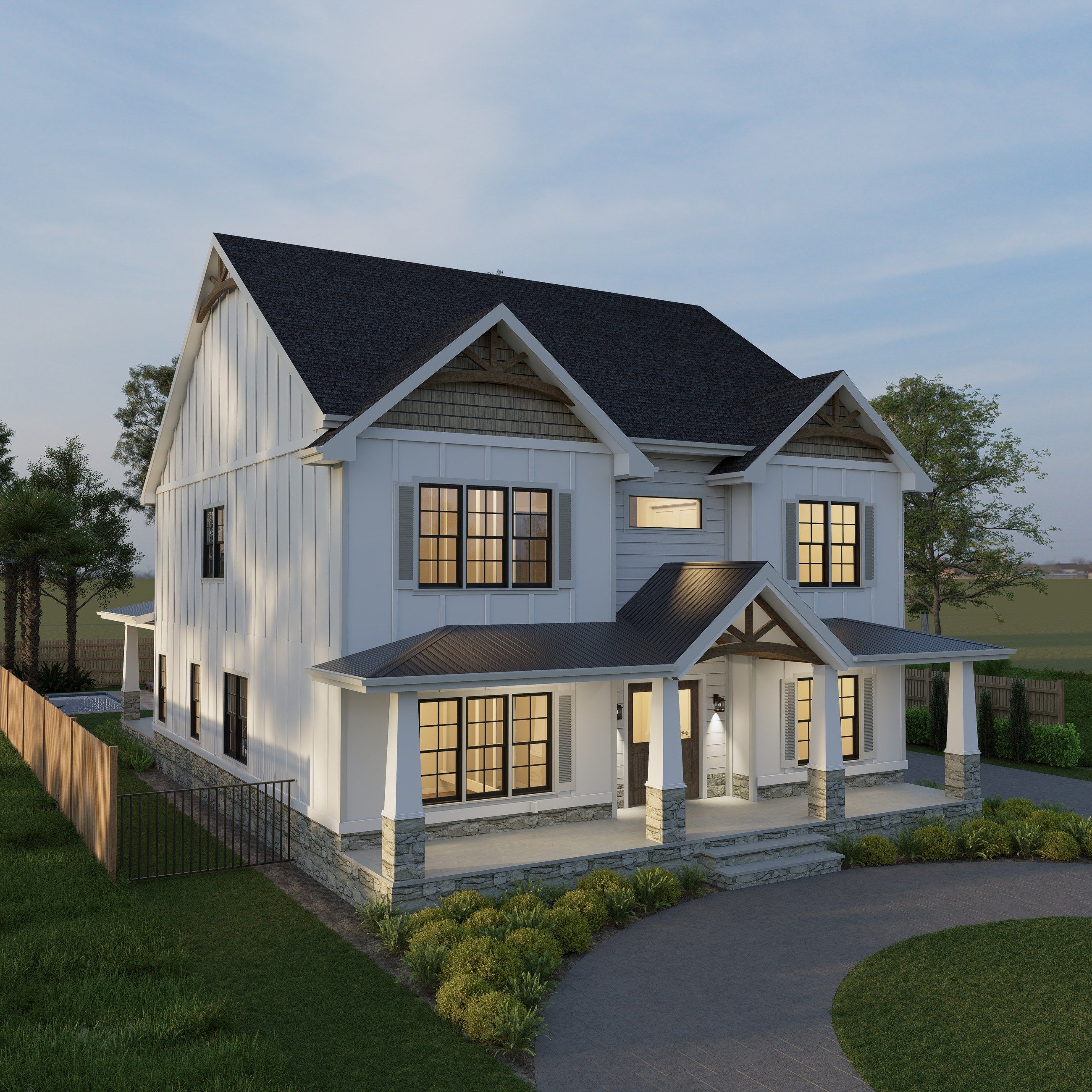 Corner view of 619 Parish Road with the wraparound front porch and fenced side yard