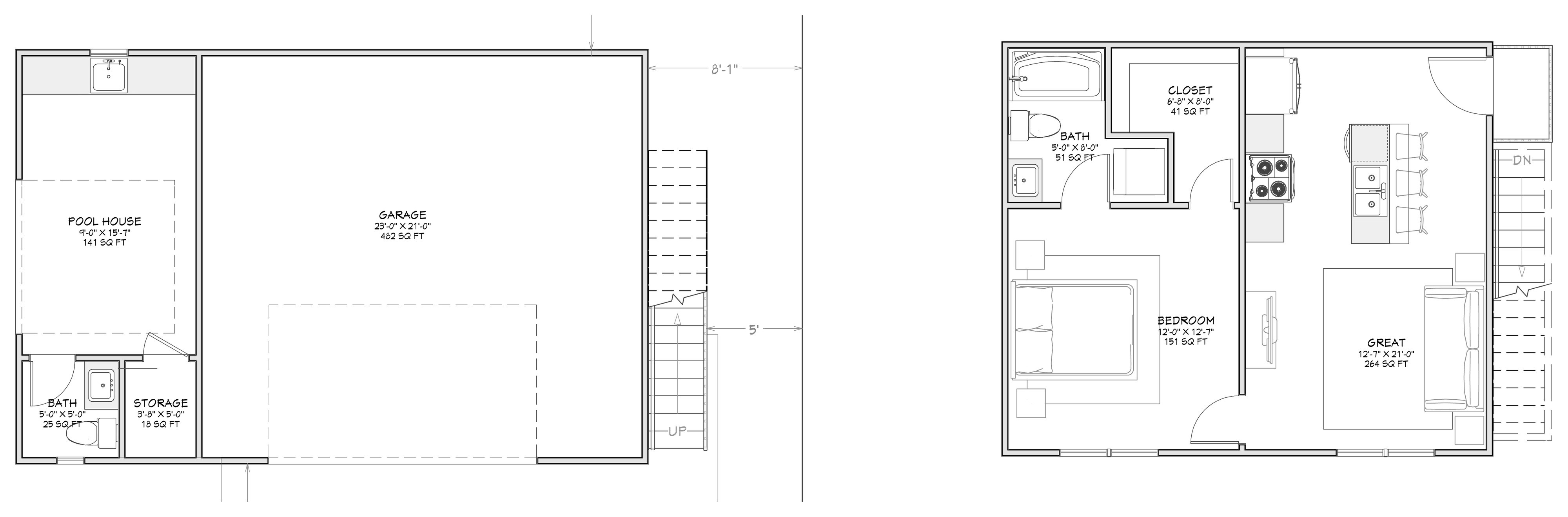 Detached garage floor plan and second-floor ADU apartment plan
