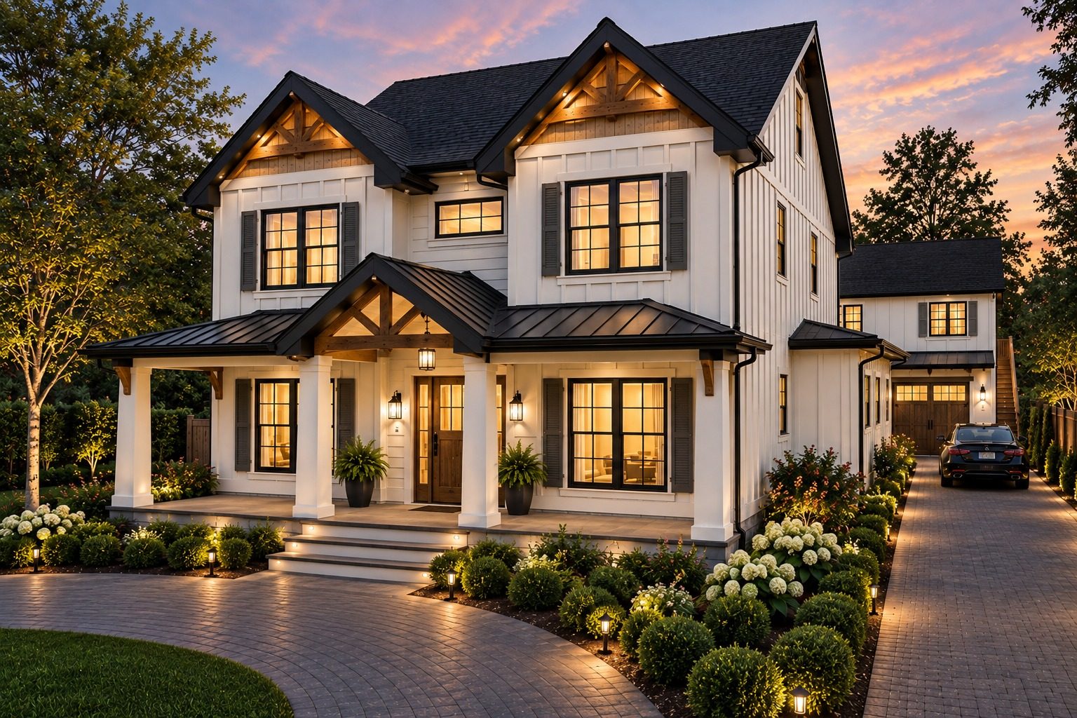 Rendering of 619 Parish Road at dusk: white board-and-batten farmhouse with black trim and fascia, white porch columns, a covered front porch and circle drive