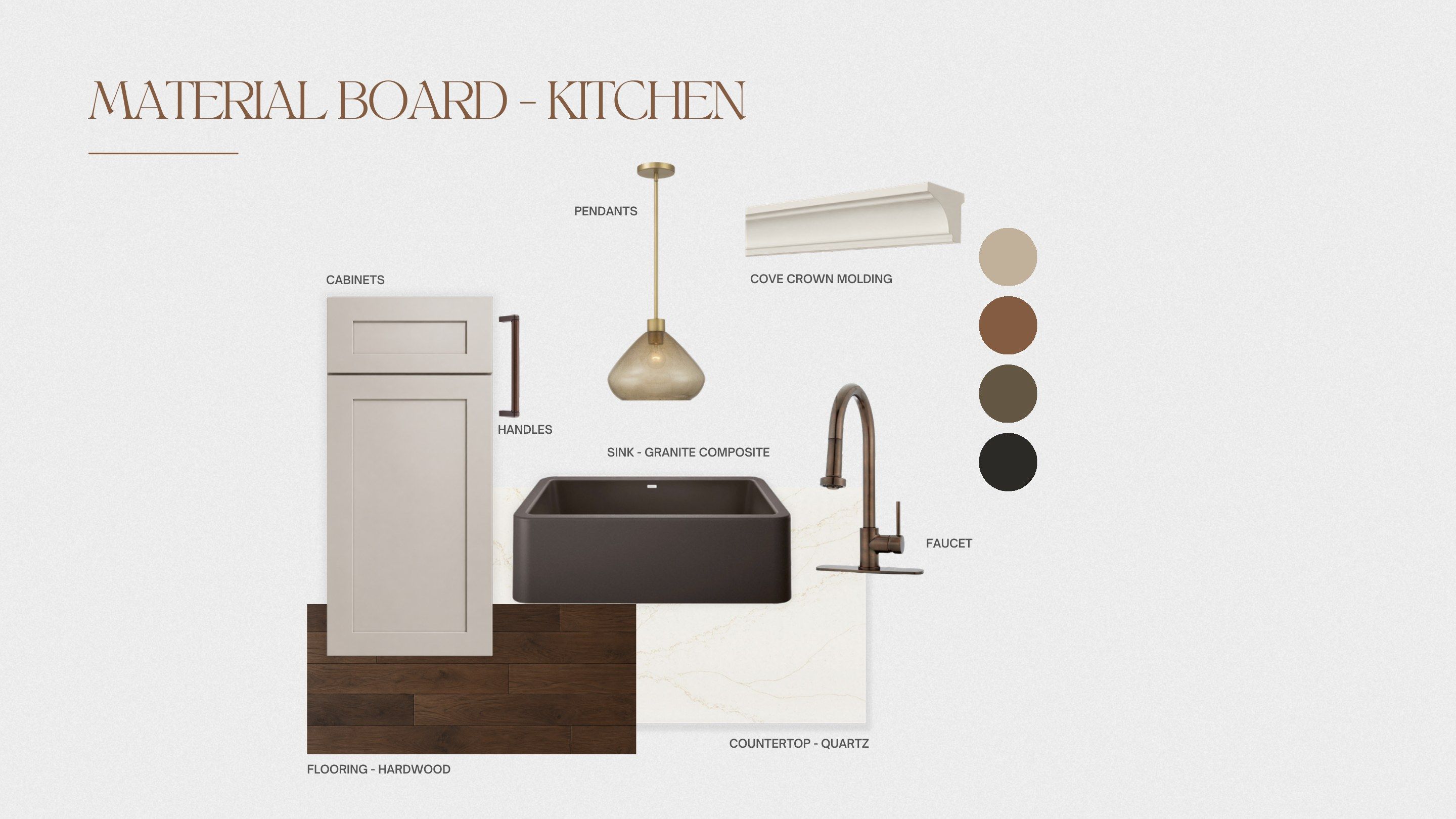 Kitchen material board: cabinetry, black farmhouse sink, faucet, pendant lighting, quartz countertop and flooring