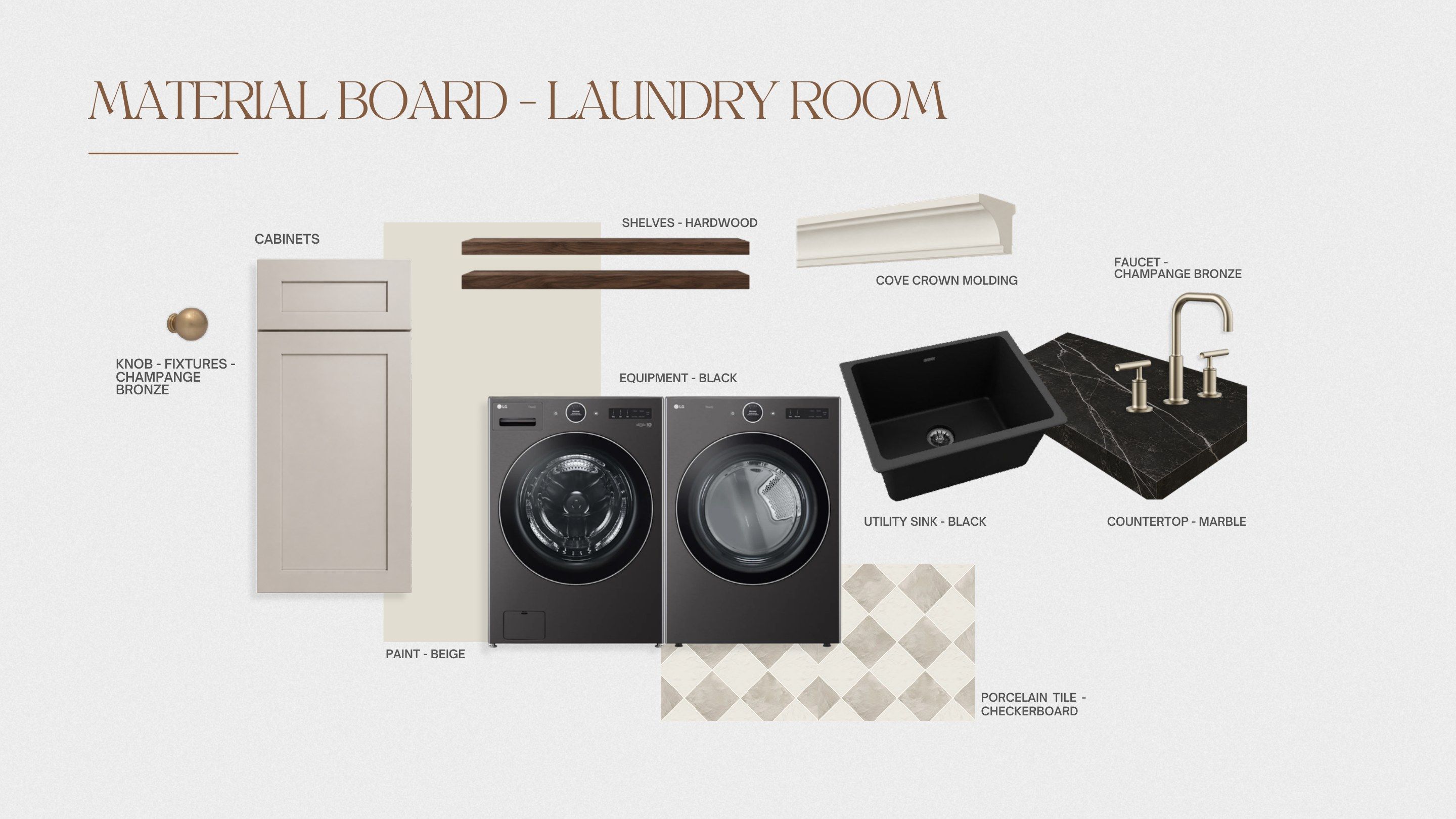 Laundry room material board: cabinetry, black washer and dryer, sink, faucet and patterned floor tile