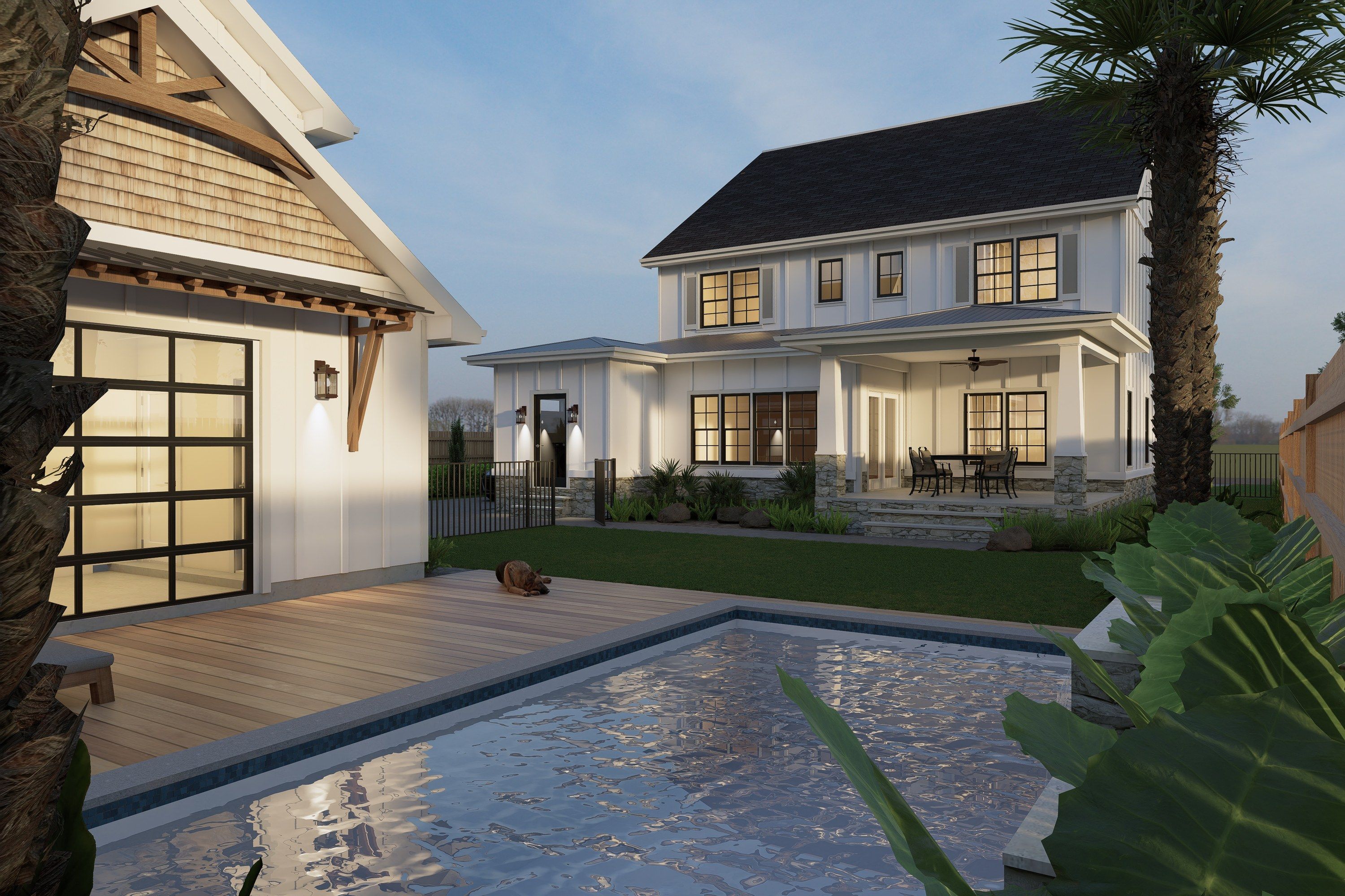 Rear rendering of 619 Parish Road with the pool, deck and covered back porch