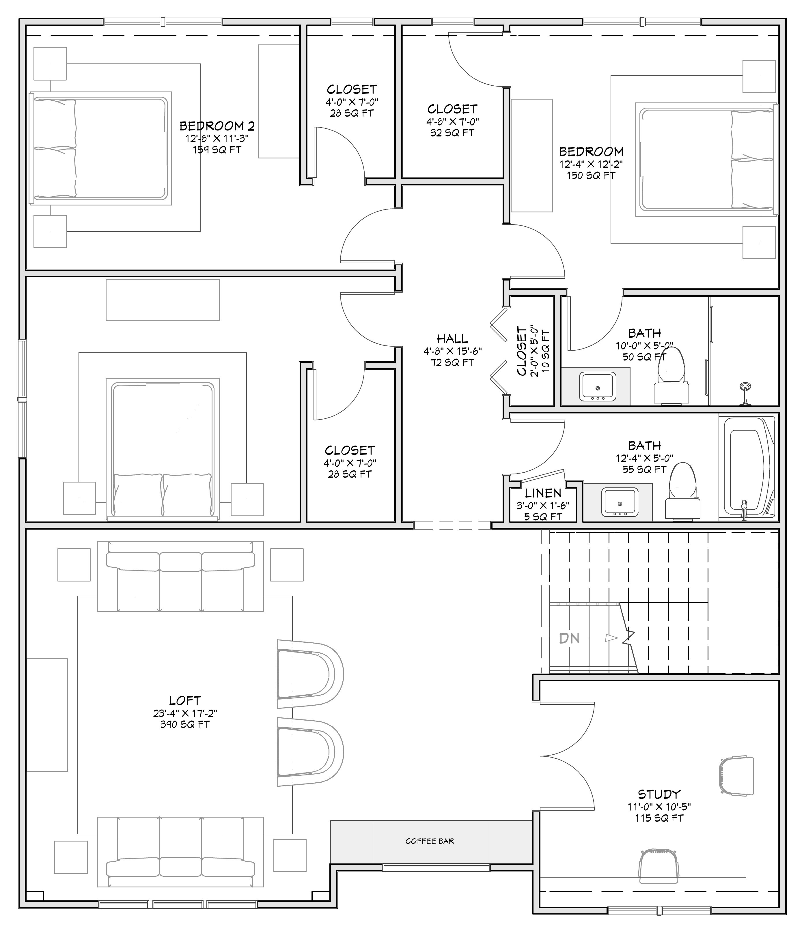 619 Parish Road second floor plan: three bedrooms, two baths, loft and study