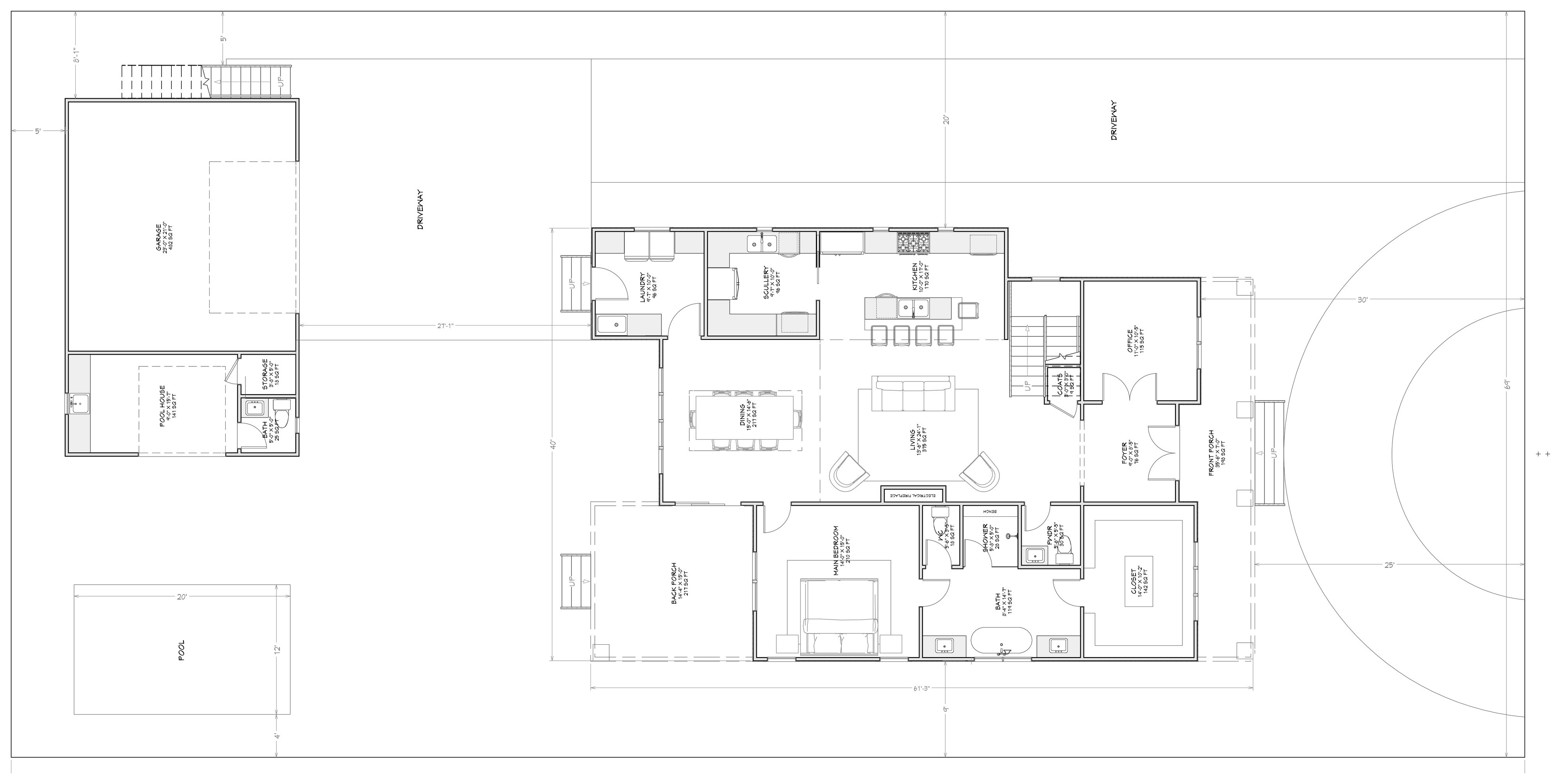 Site plan showing the house, detached garage, pool and circle drive